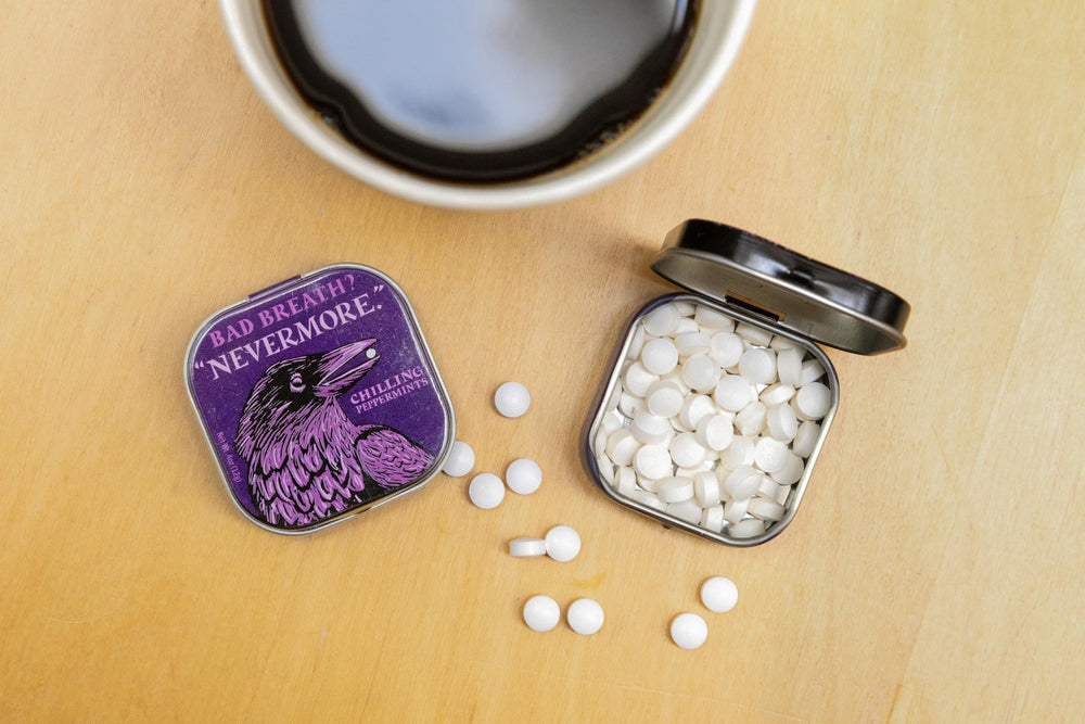 Nevermore Mints close-up reveals peppermint texture and sugar-free freshness.