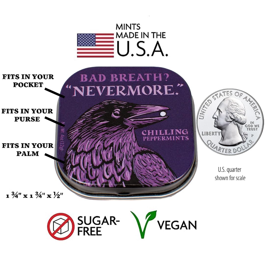 Open Nevermore Mints tin shows compact packaging for travel or in-between moments.
