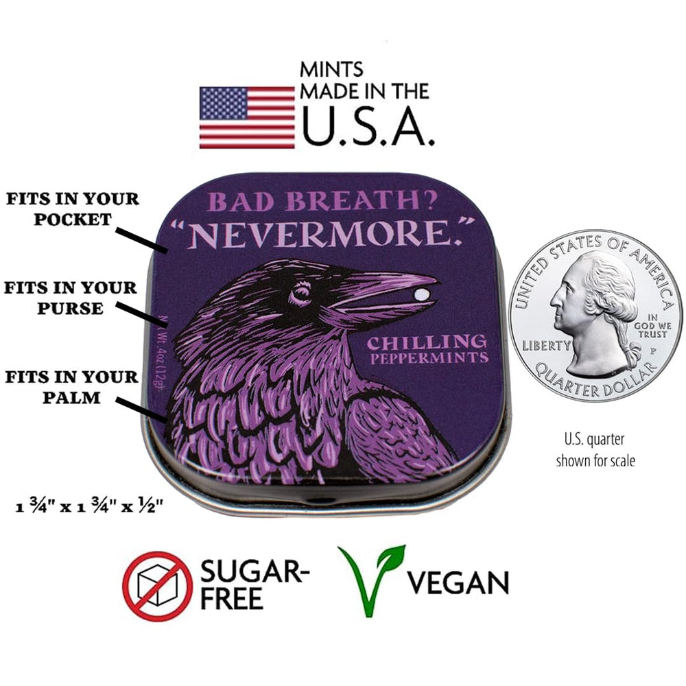 Open Nevermore Mints tin shows compact packaging for travel or in-between moments.
