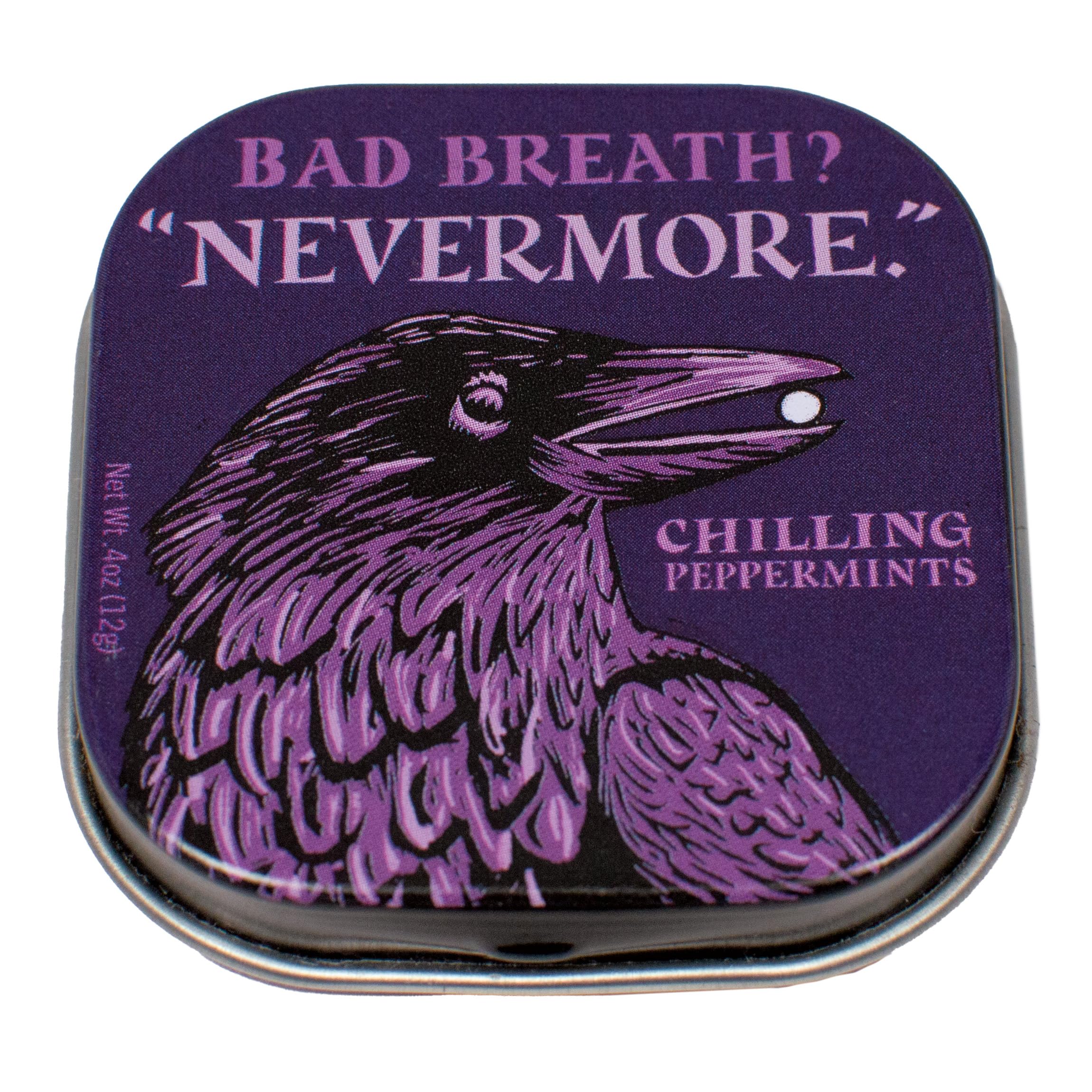 The Unemployed Philosophers Guild Nevermore Mints tin keeps breath fresh on the go.
