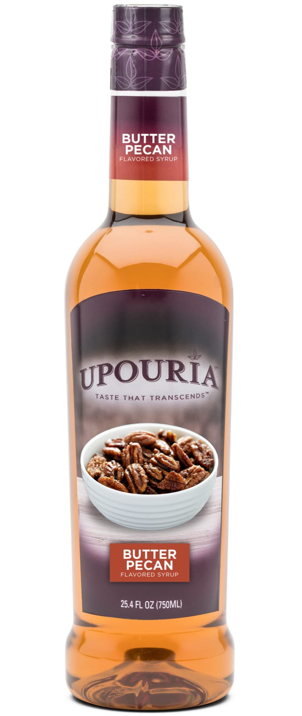 Upouria Butter Pecan Coffee Syrup bottle label showcases premium ingredients