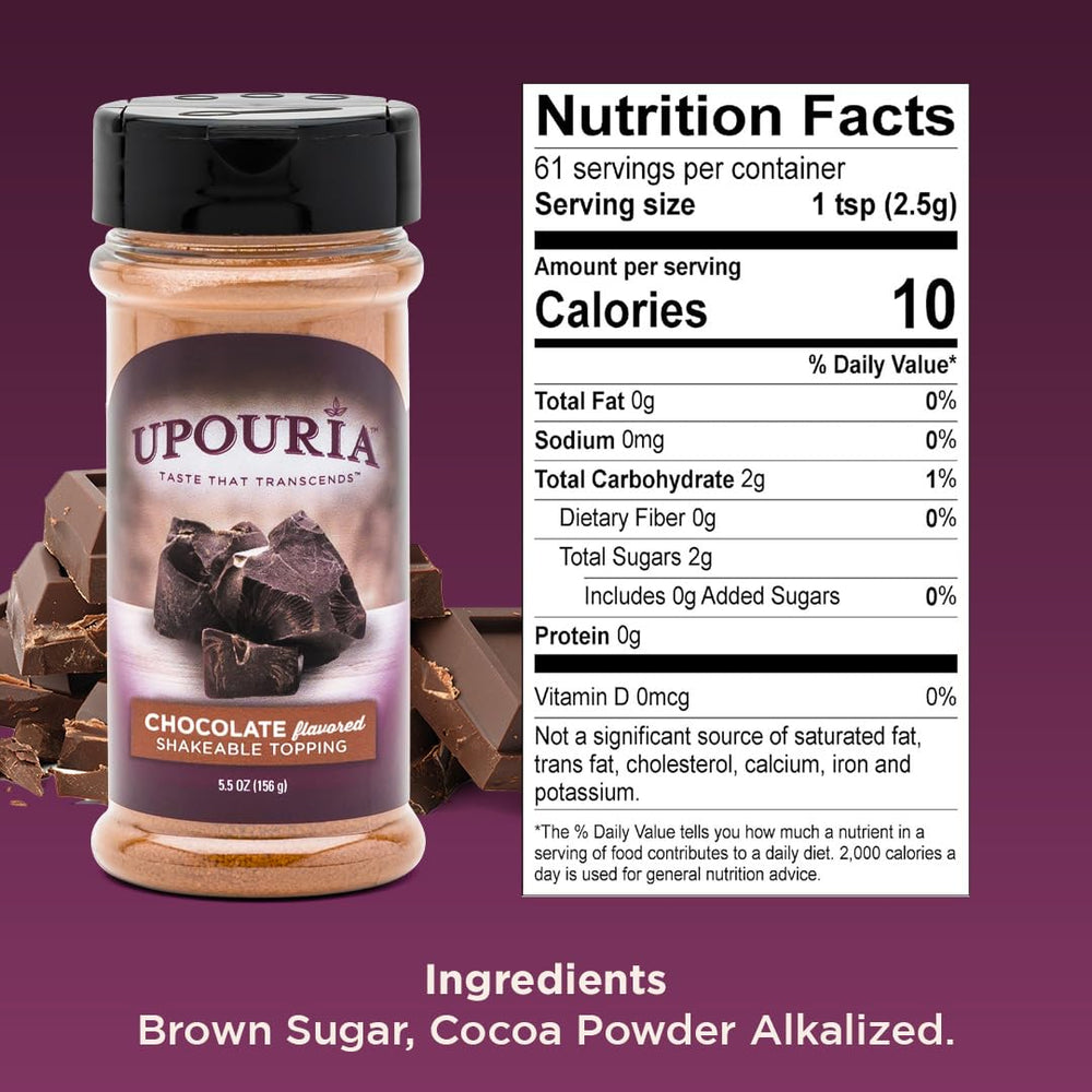 Upouria chocolate-flavored topping pour demonstrates easy dispensing for latte art and desserts.