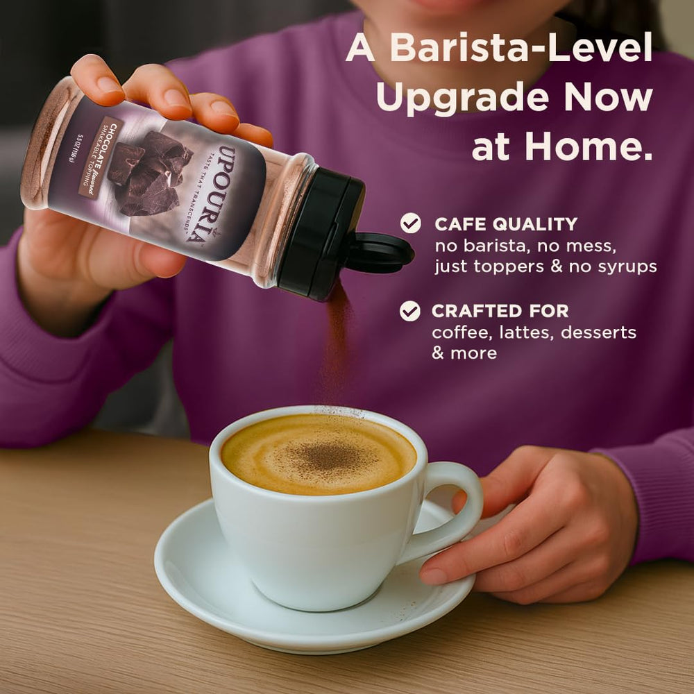 Upouria chocolate-flavored topping on coffee swirl highlights bold cocoa aroma.