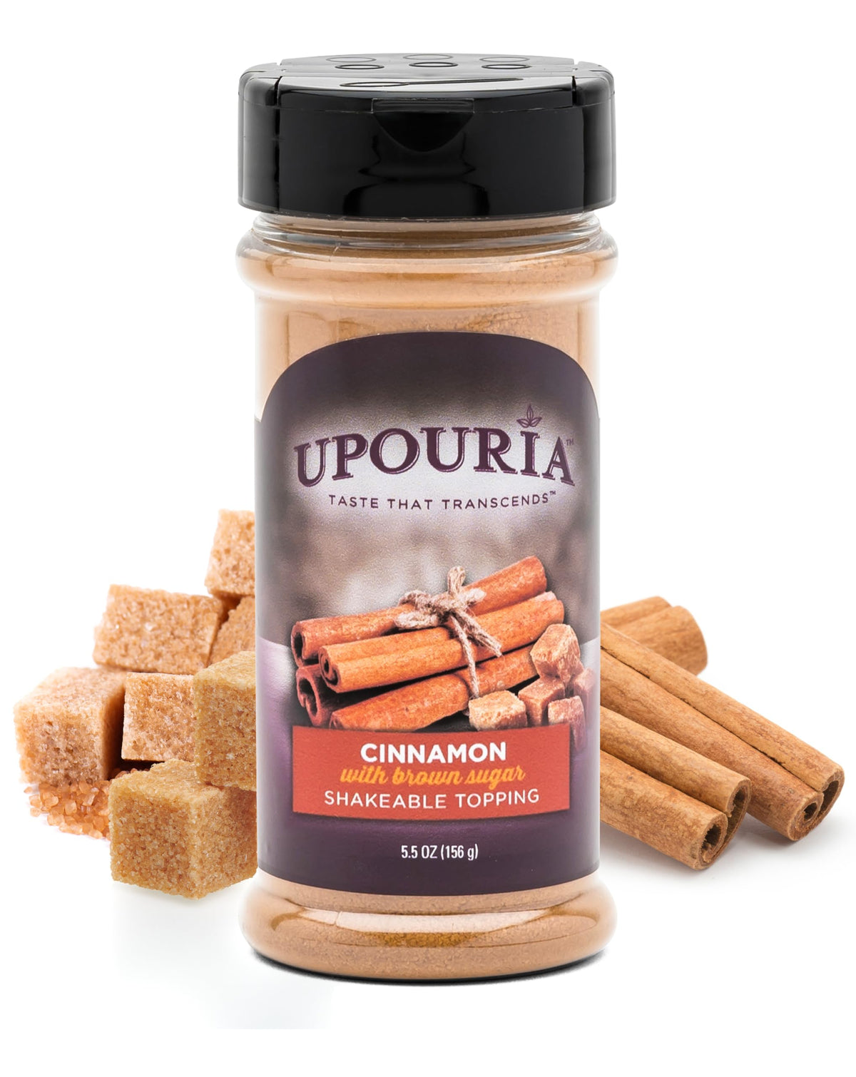 Upouria cinnamon brown sugar topping jar ready to shake over beverages for café-style flavor
