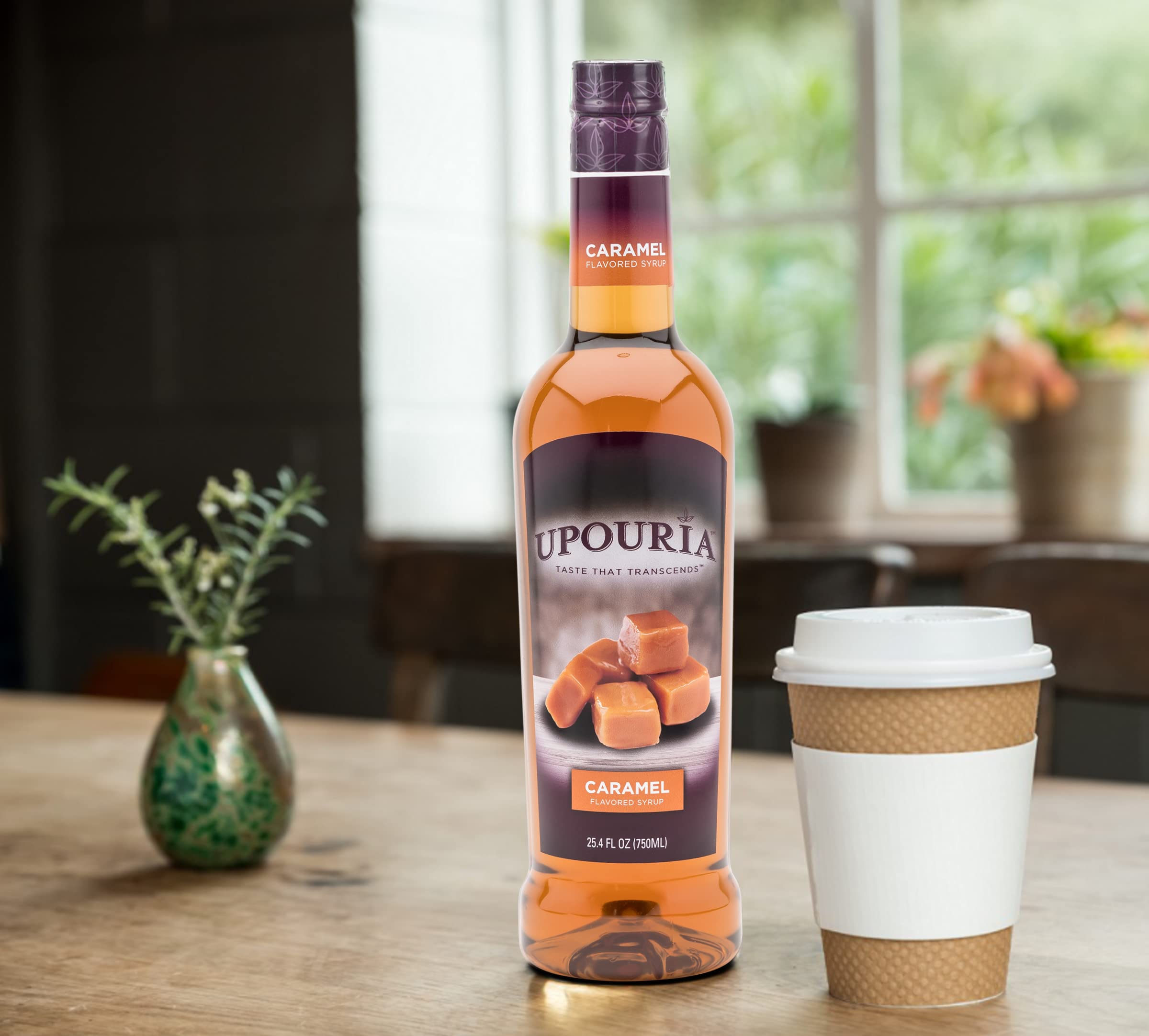 Upouria caramel syrup on coffee or dessert setup inspires cafe-style servings