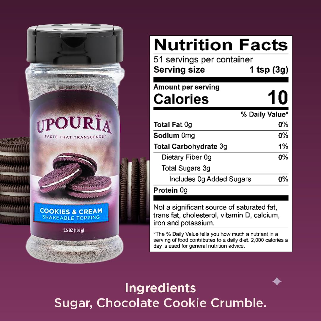 Upouria Cookies & Cream topper pour highlights rich flavor for coffee.