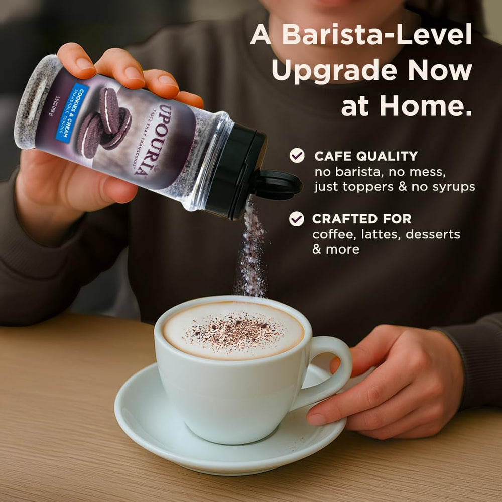 Upouria Cookies & Cream hot chocolate topper adds creamy aroma.
