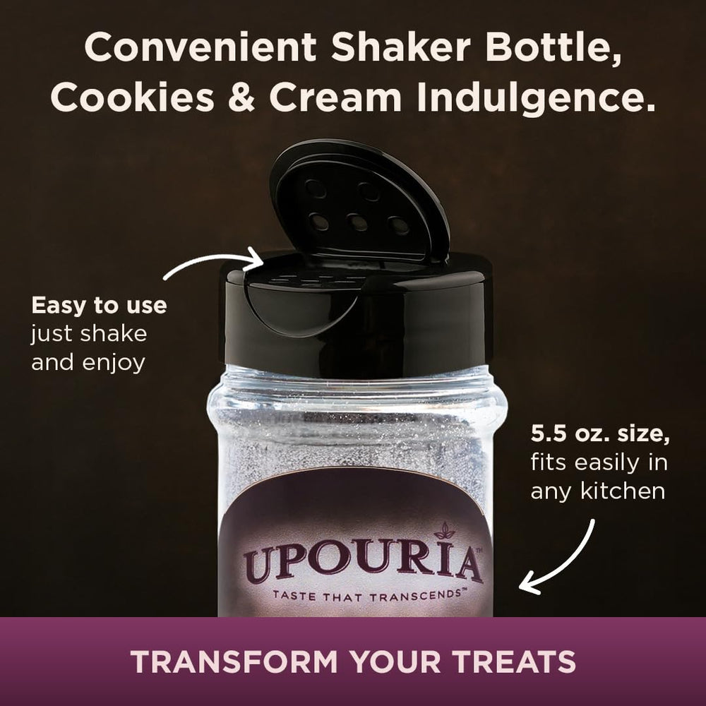 Upouria Cookies & Cream ice cream topping evokes indulgent dessert.