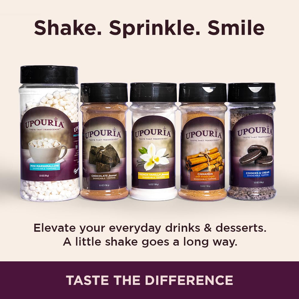 Upouria Cookies & Cream topper texture reveals vegan, fat-free indulgence.