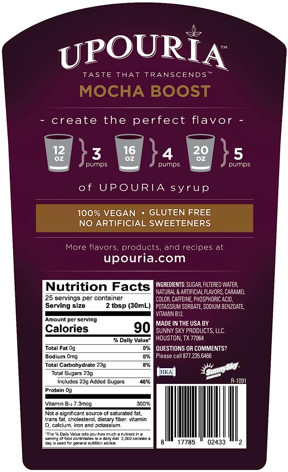 UPOURIA Mocha Boost bottle side profile highlighting 750 mL size for bulk blending