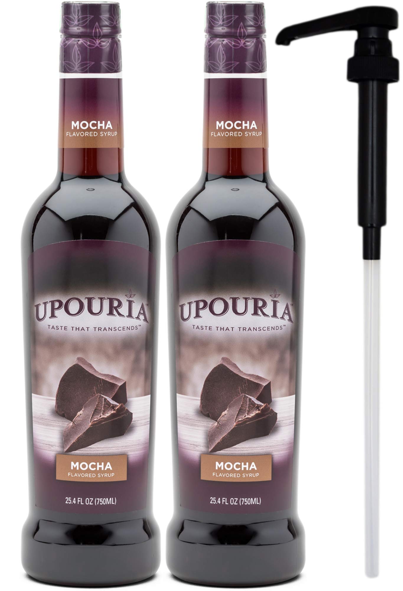 Upouria Mocha Coffee Syrup bottle shows premium 750 mL size for sharing