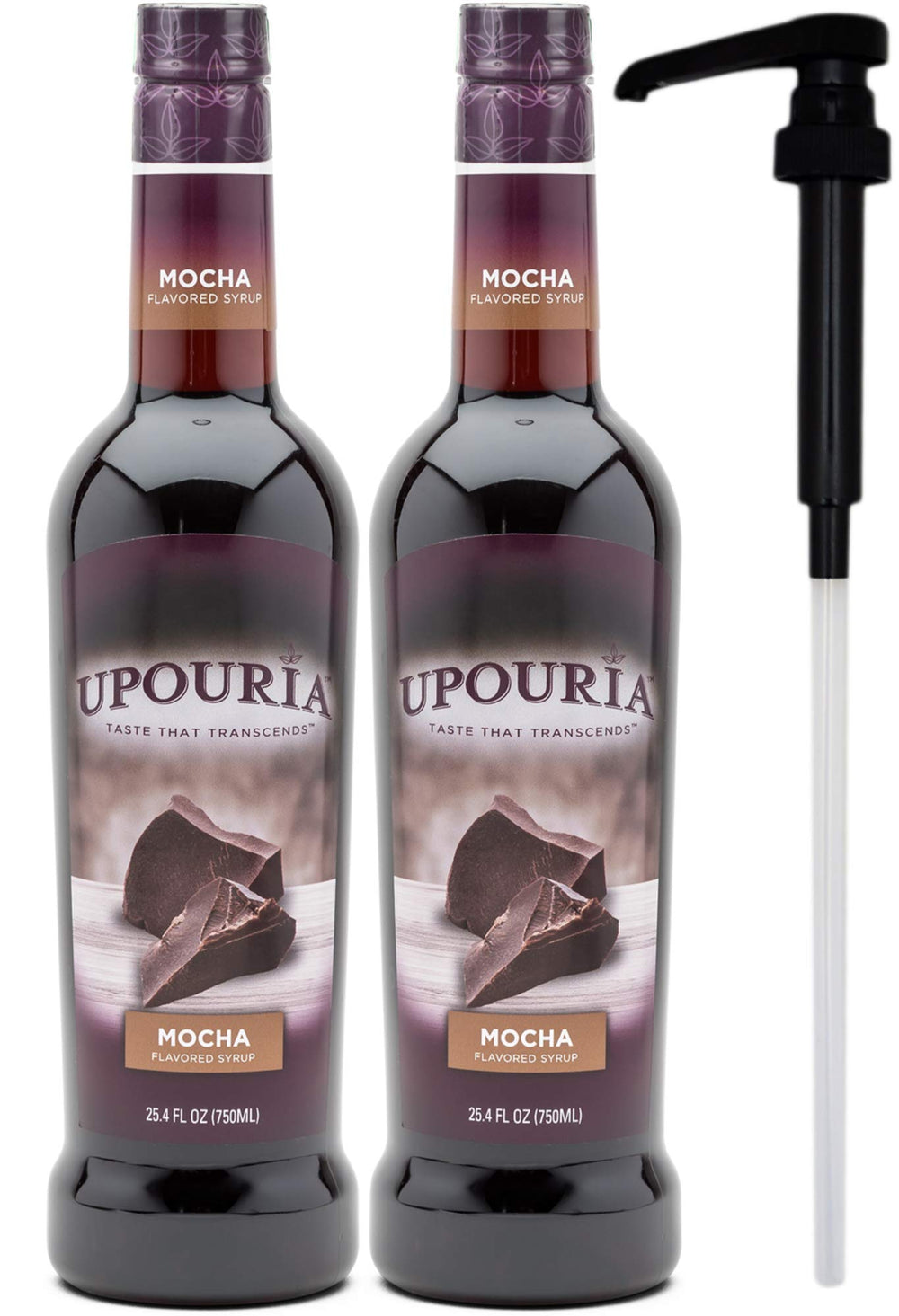 Upouria Mocha Coffee Syrup bottle shows premium 750 mL size for sharing