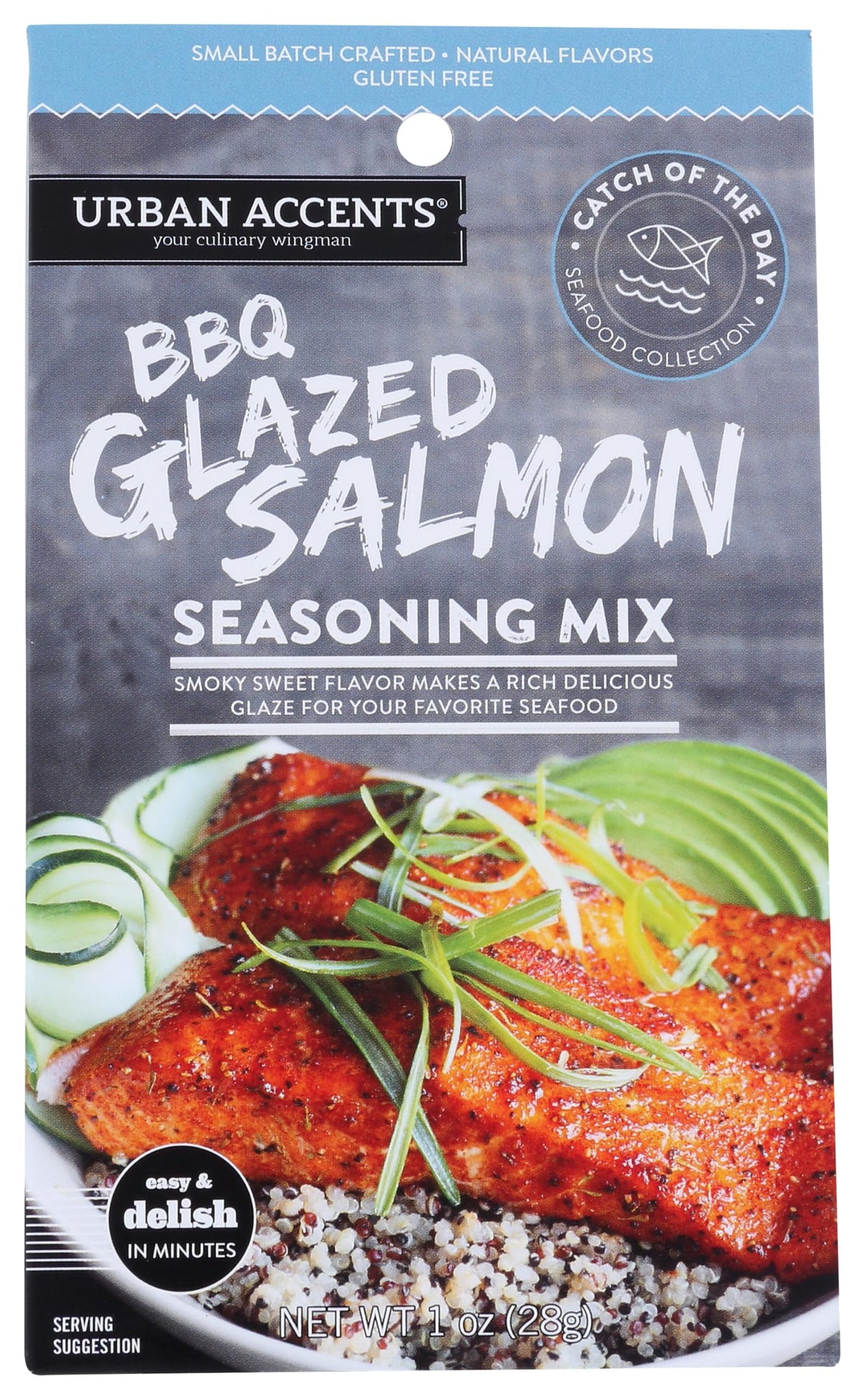 Urban Accents BBQ Glazed Salmon Seasoning Jar ready for flavorful seafood dishes.
