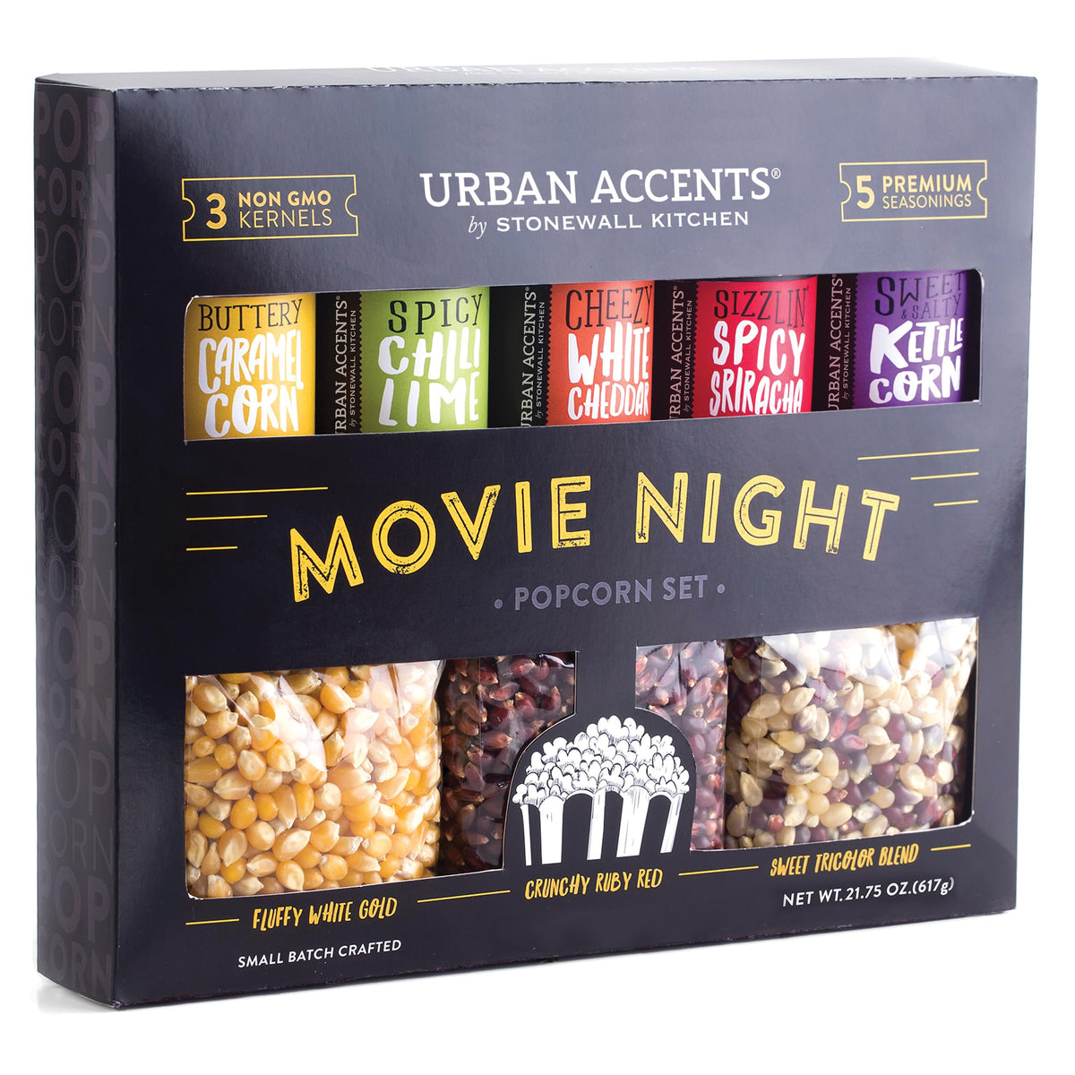 Urban Accents Movie Night Popcorn Set with three kernel varieties for gourmet snacking at home
