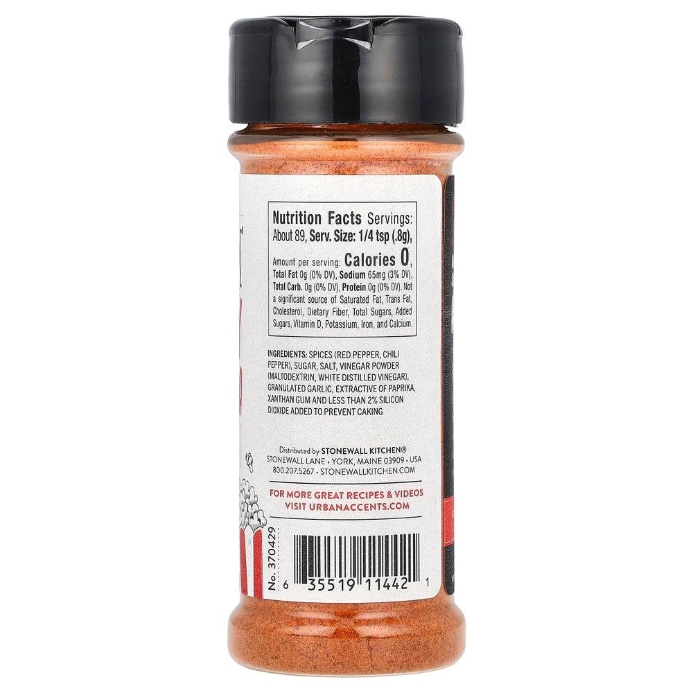 Urban Accents Sizzlin' Spicy Sriracha Popcorn Seasoning jar closeup reveals tangy heat.