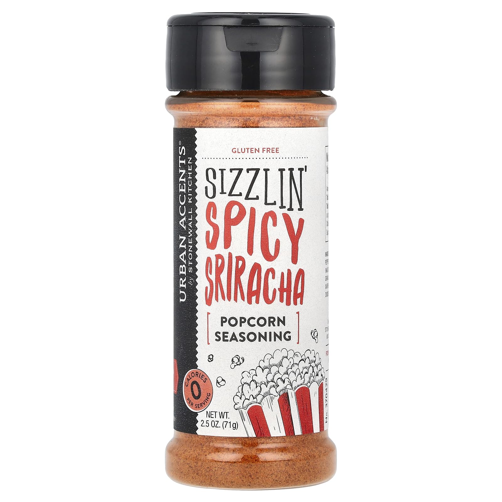 Urban Accents Sizzlin' Spicy Sriracha Popcorn Seasoning packaging boosts bold flavor.