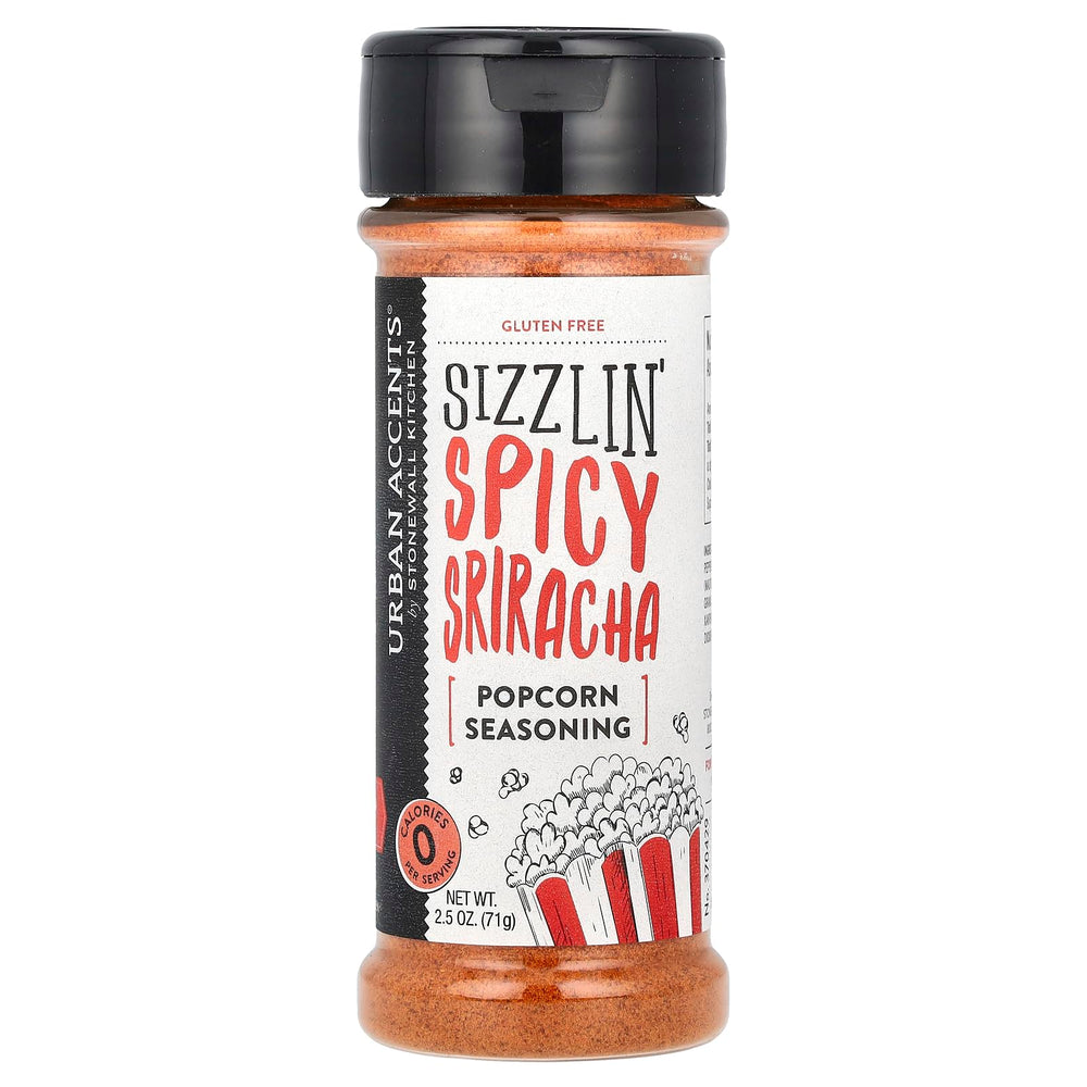 Urban Accents Sizzlin' Spicy Sriracha Popcorn Seasoning packaging boosts bold flavor.