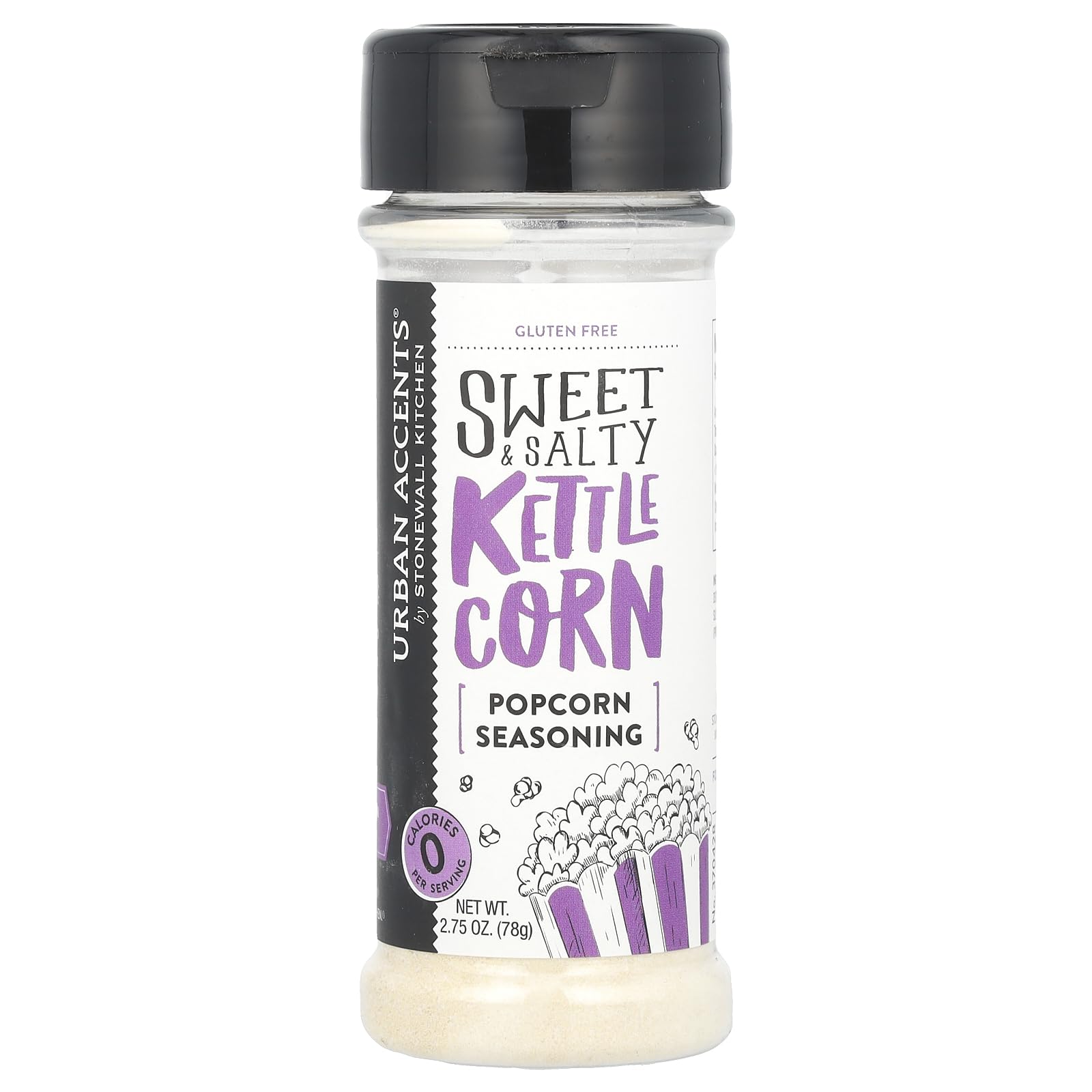 Urban Accents Sweet & Salty Kettle Corn package on display, 0 calories per serving.