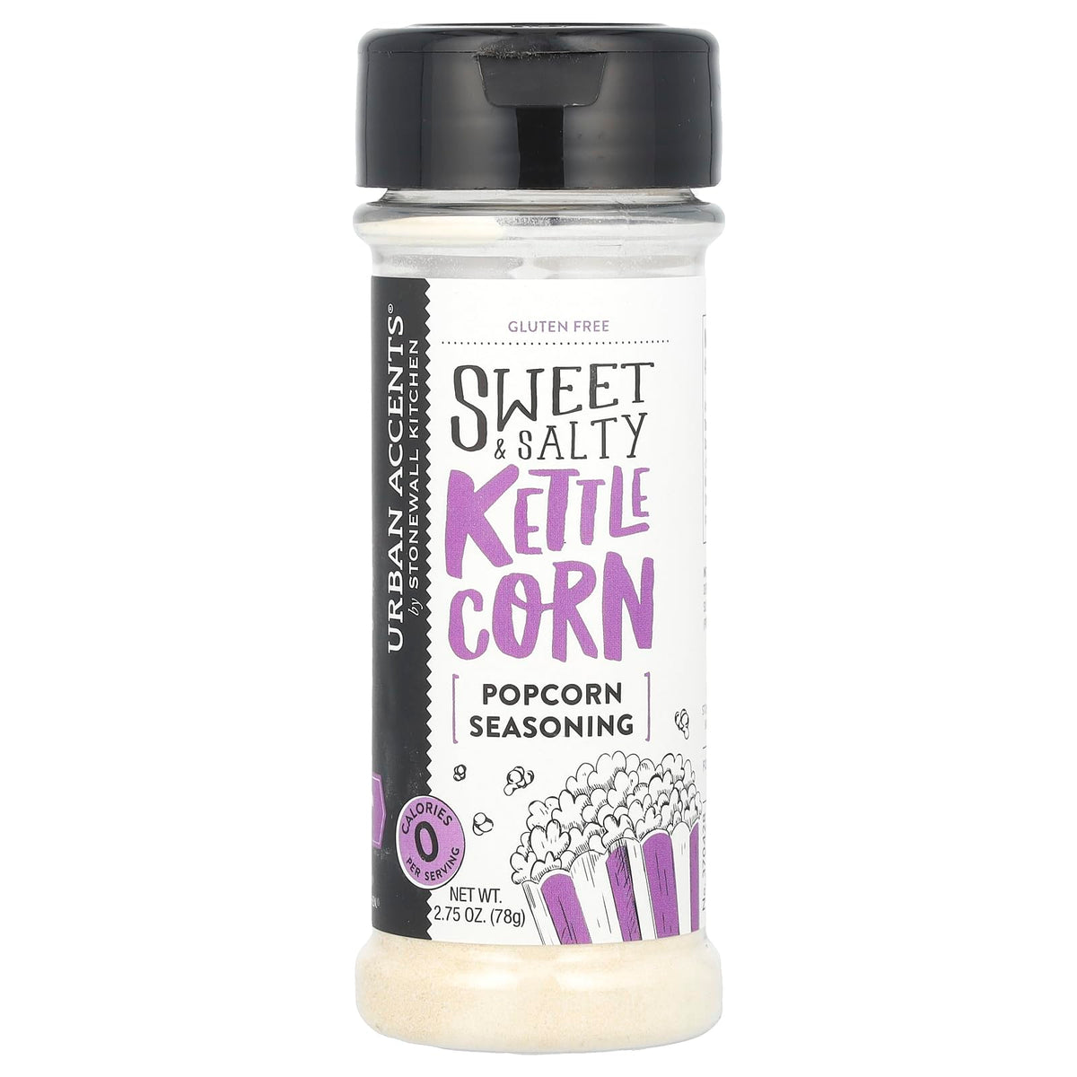 Urban Accents Sweet & Salty Kettle Corn package on display, 0 calories per serving.