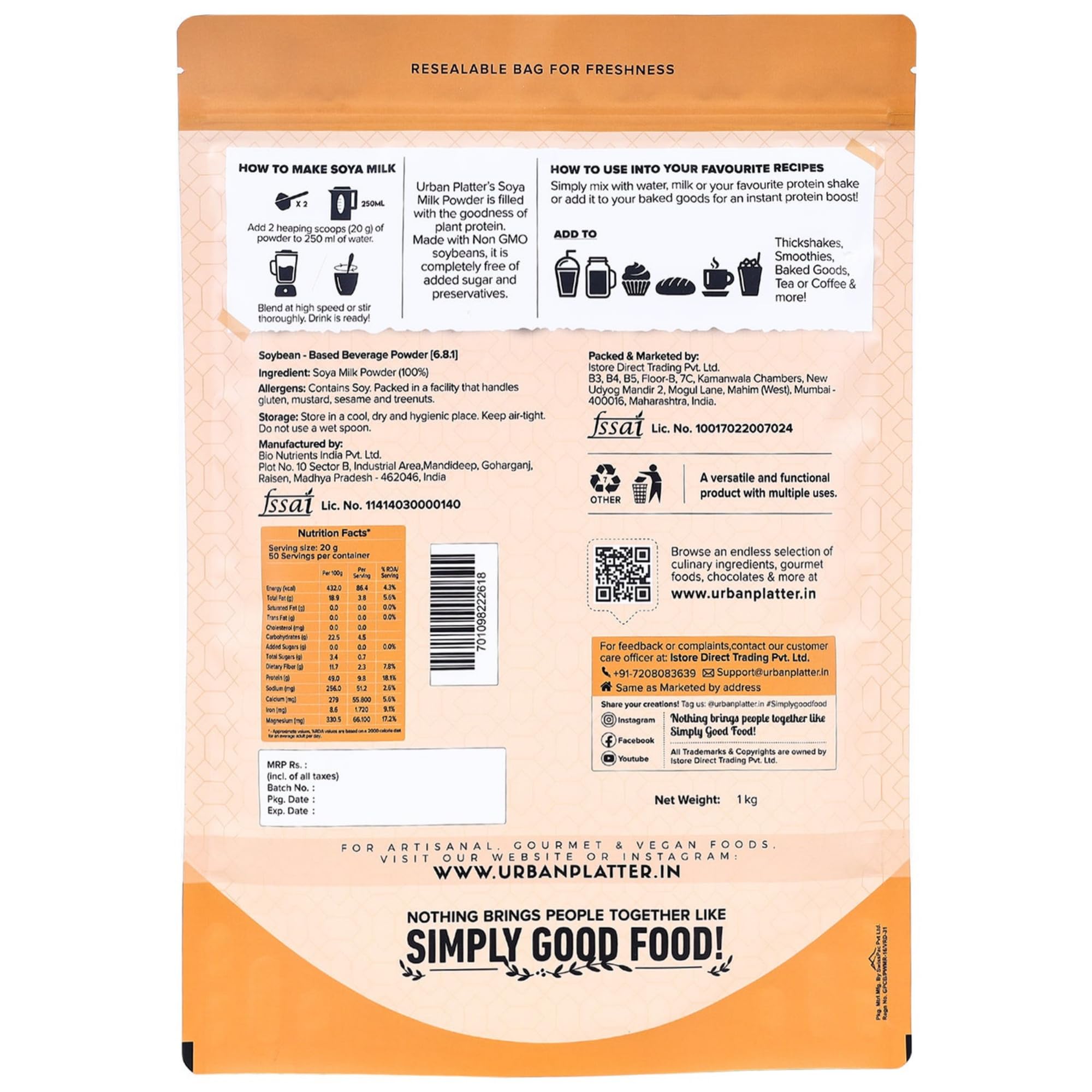 Urban Platter Soya Milk Powder 1kg is shelf-stable and convenient.