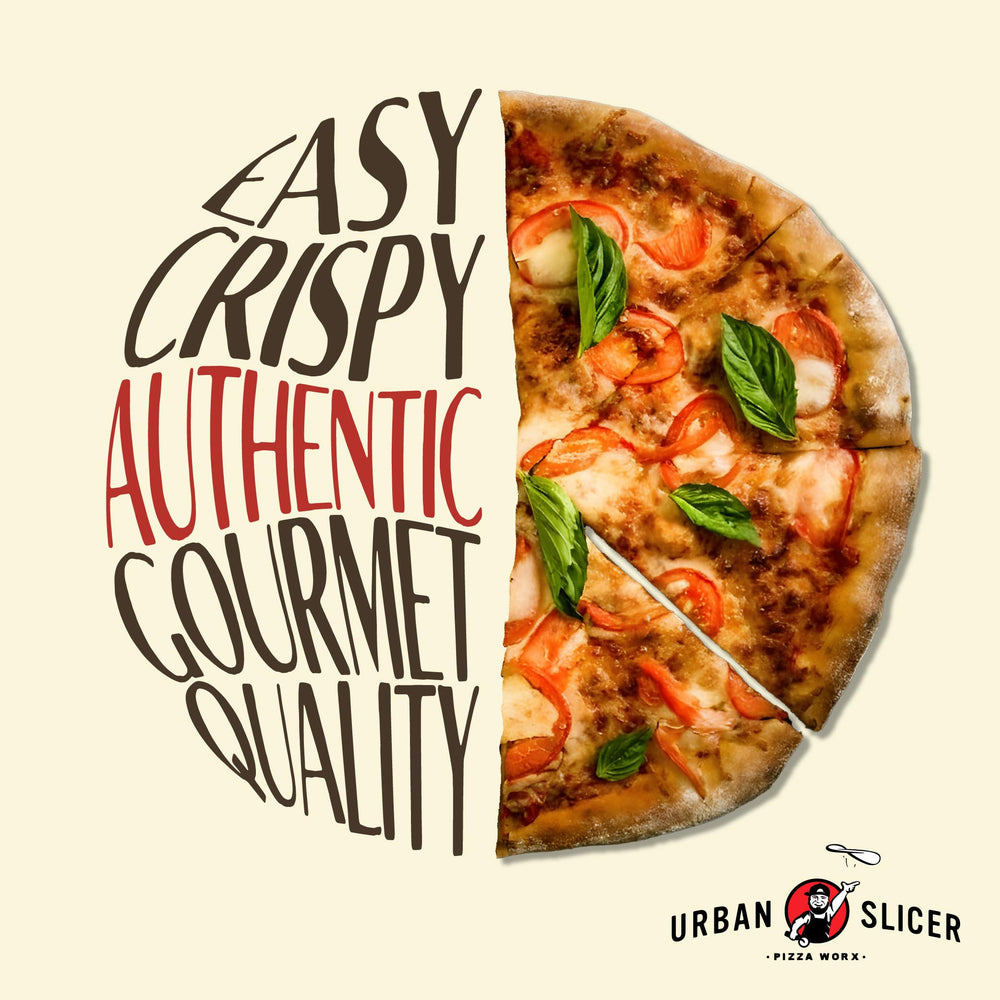 Urban Slicer Pizza Worx wood-fired oven-ready crust on a baking stone