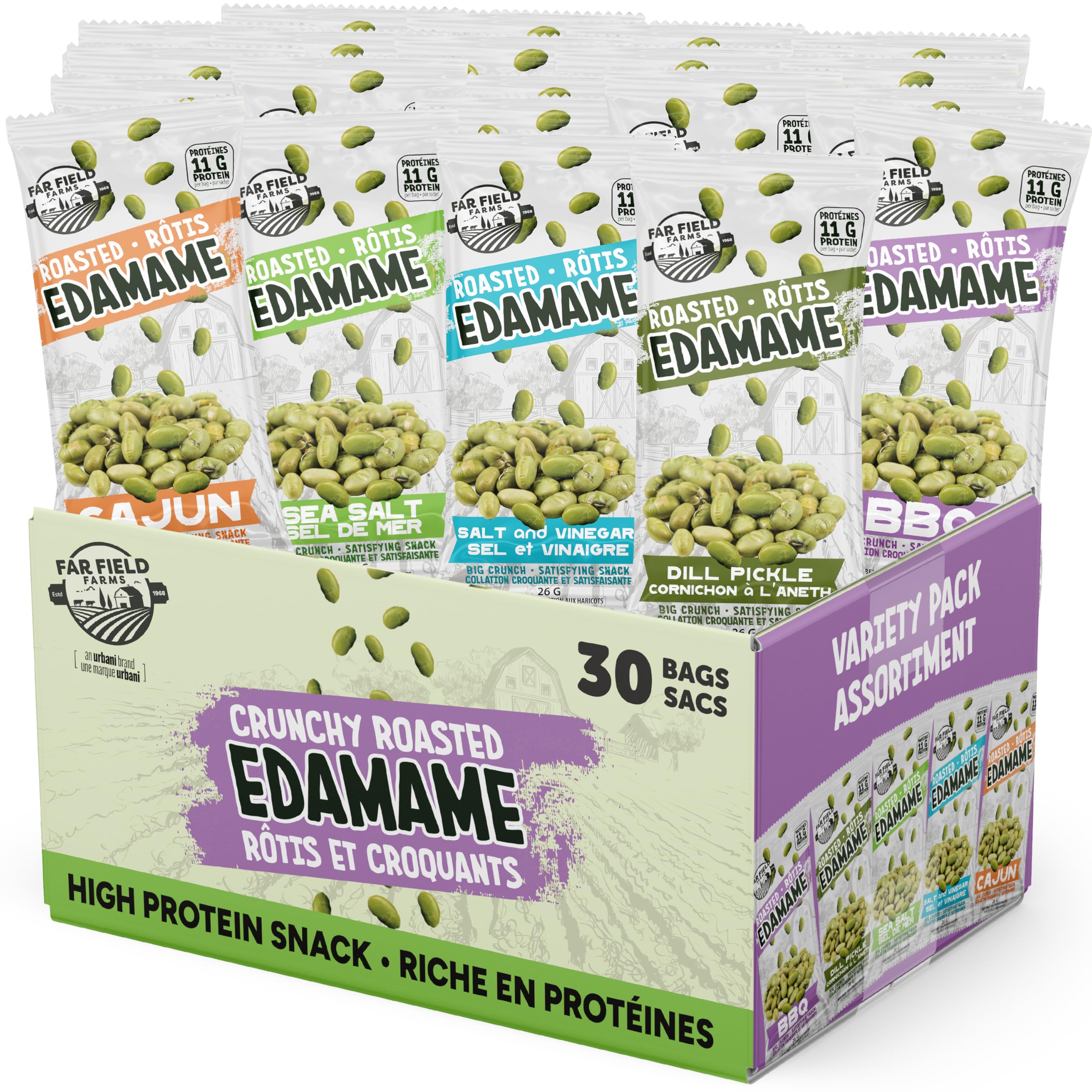 Urbani Far Field Crunchy Edamame front-of-pack display, ideal for on-the-go snacking.