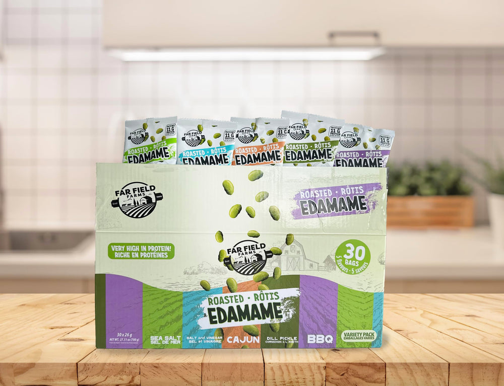 Urbani Far Field High-Protein Edamame close-up with golden roasted beans.