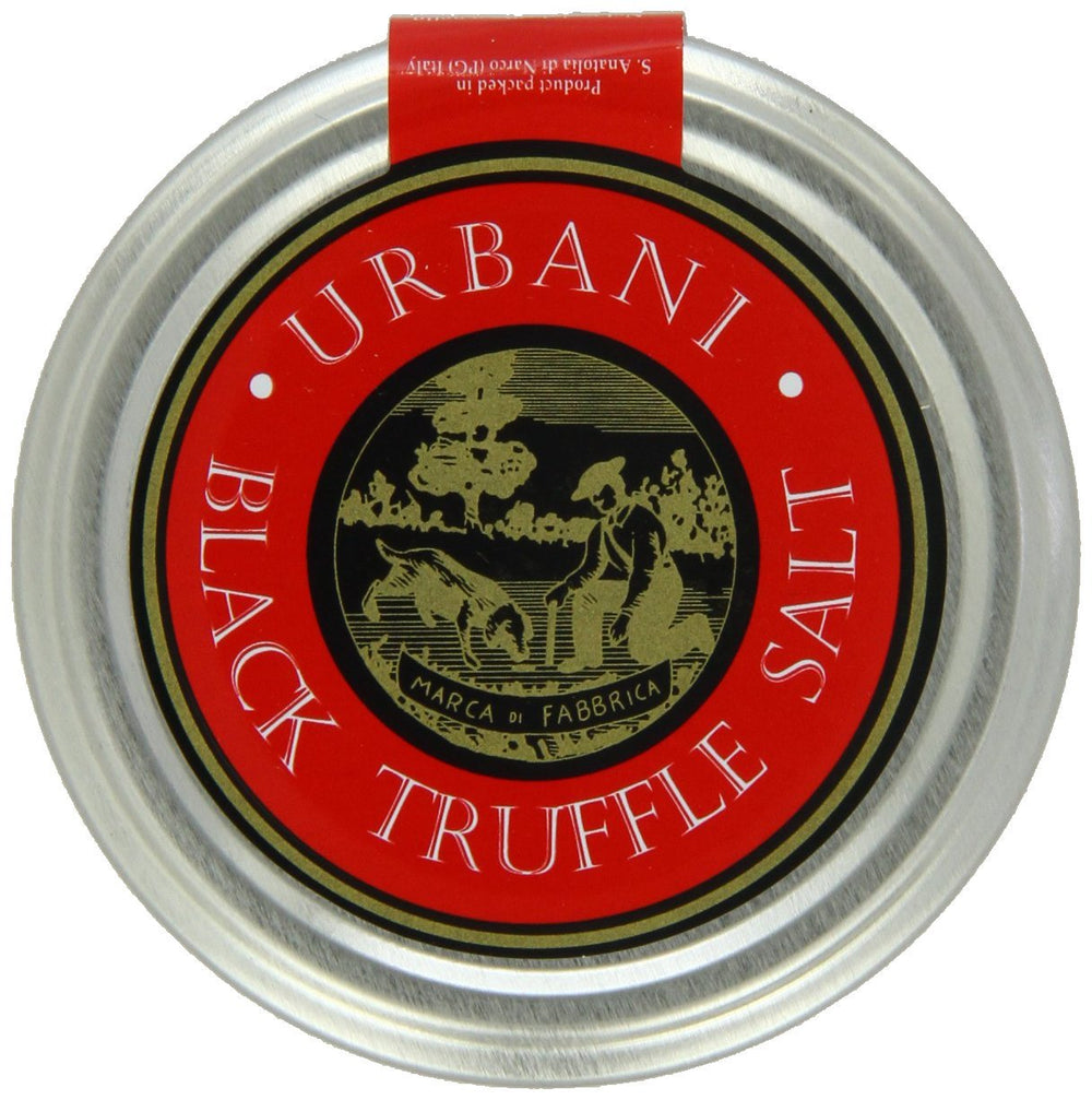 Urbani Truffles black truffle salt jar close-up for rich finishing flavor.