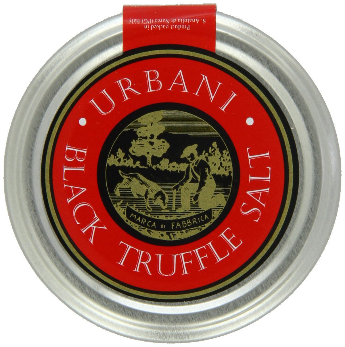 Urbani Truffles black truffle salt jar close-up for rich finishing flavor.