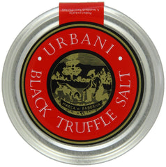Urbani Truffles black truffle salt jar close-up for rich finishing flavor.