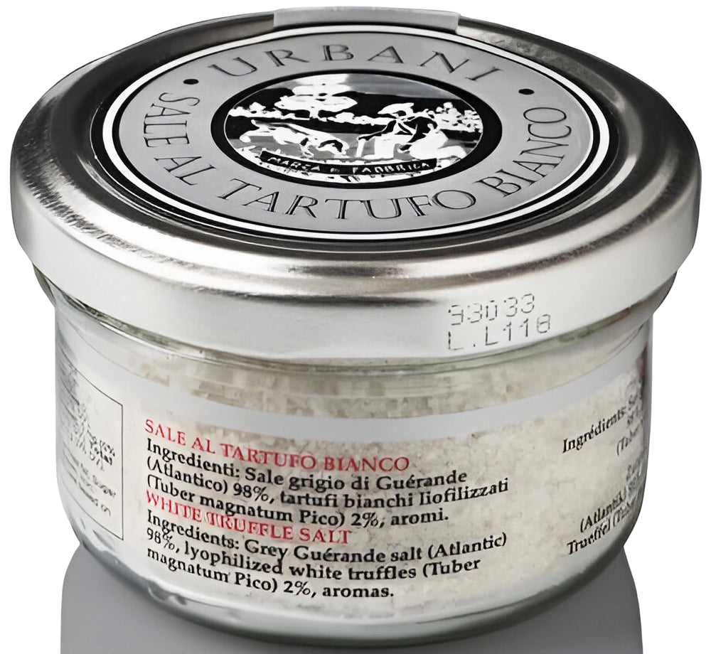 Urbani White Truffle Salt jar label showing real truffle pieces for premium finishing.