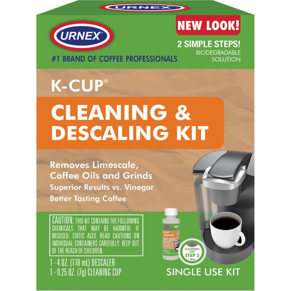 Urnex descaling liquid bottle for Keurig machines removes minerals for consistent brews.