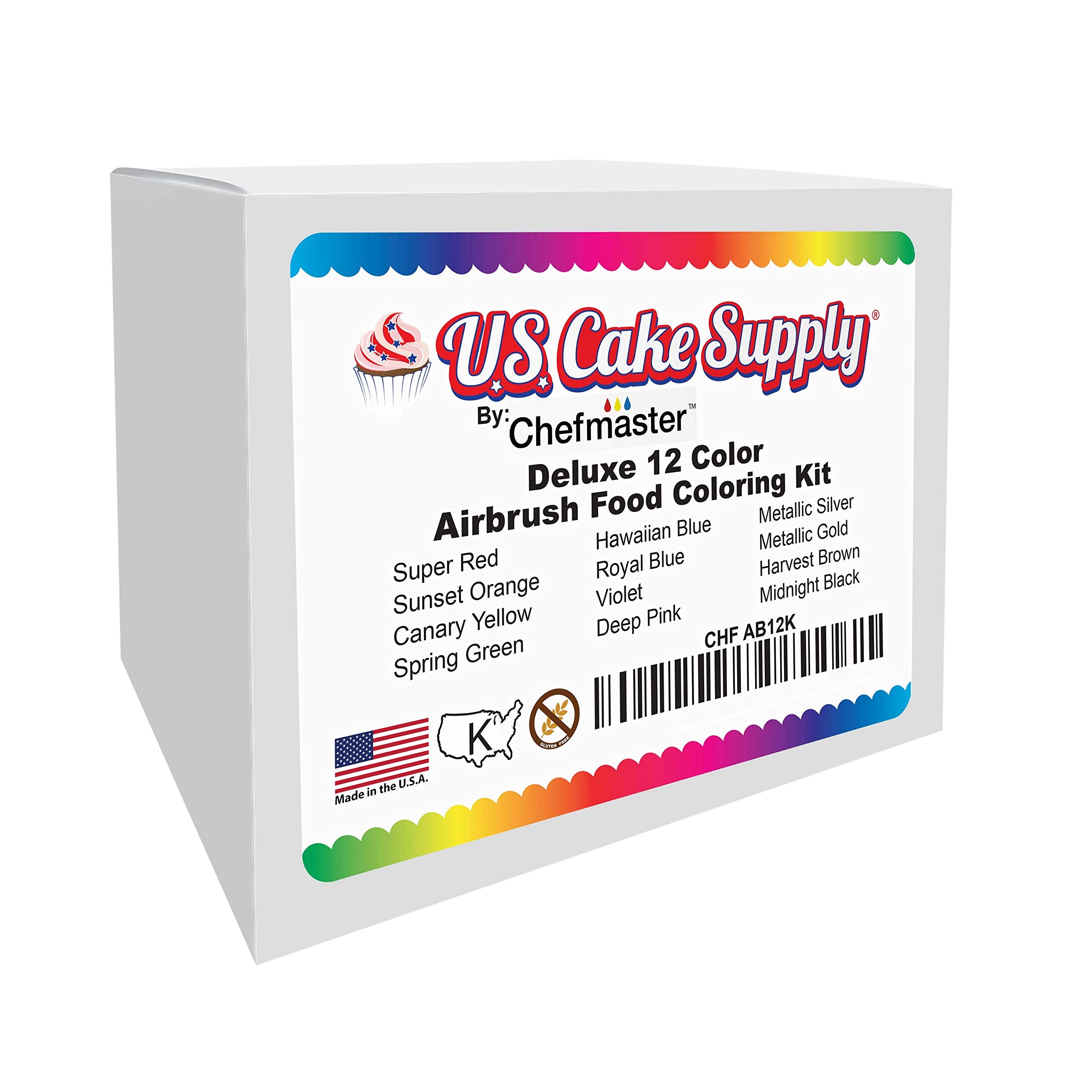 US Cake Supply airbrush color set USA-made badge highlights domestic production quality