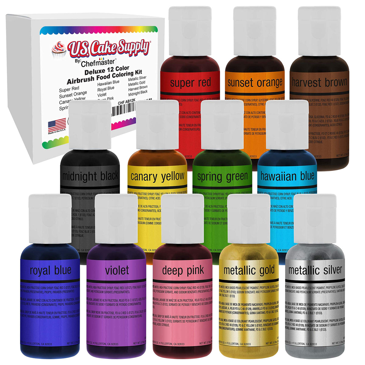 US Cake Supply airbrush color set packaging front shows 12 vibrant colors for decorating