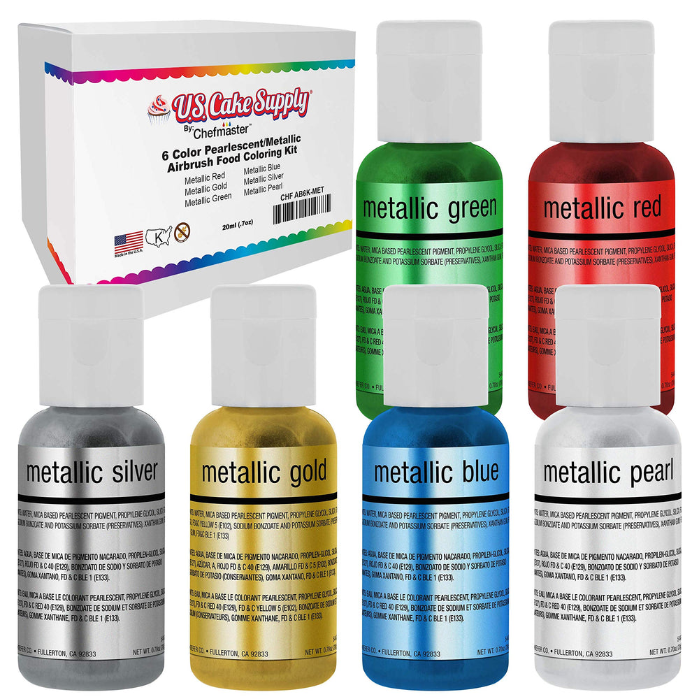 U.S. Cake Supply pearlescent shimmer color set image highlights vibrant edible metallic tones for cakes.