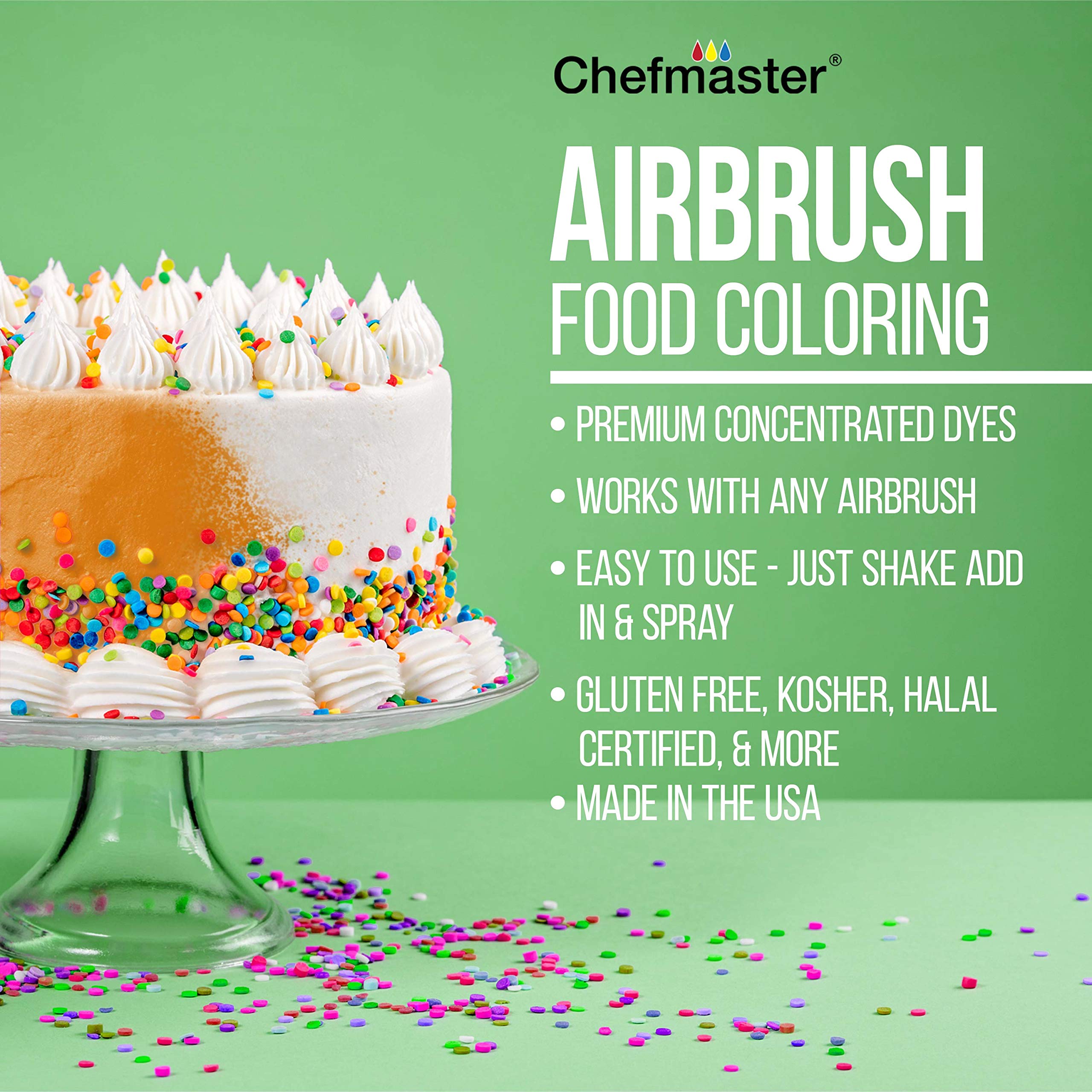 U.S. Cake Supply airbrush colors blend easily for seamless cake embellishments and details.