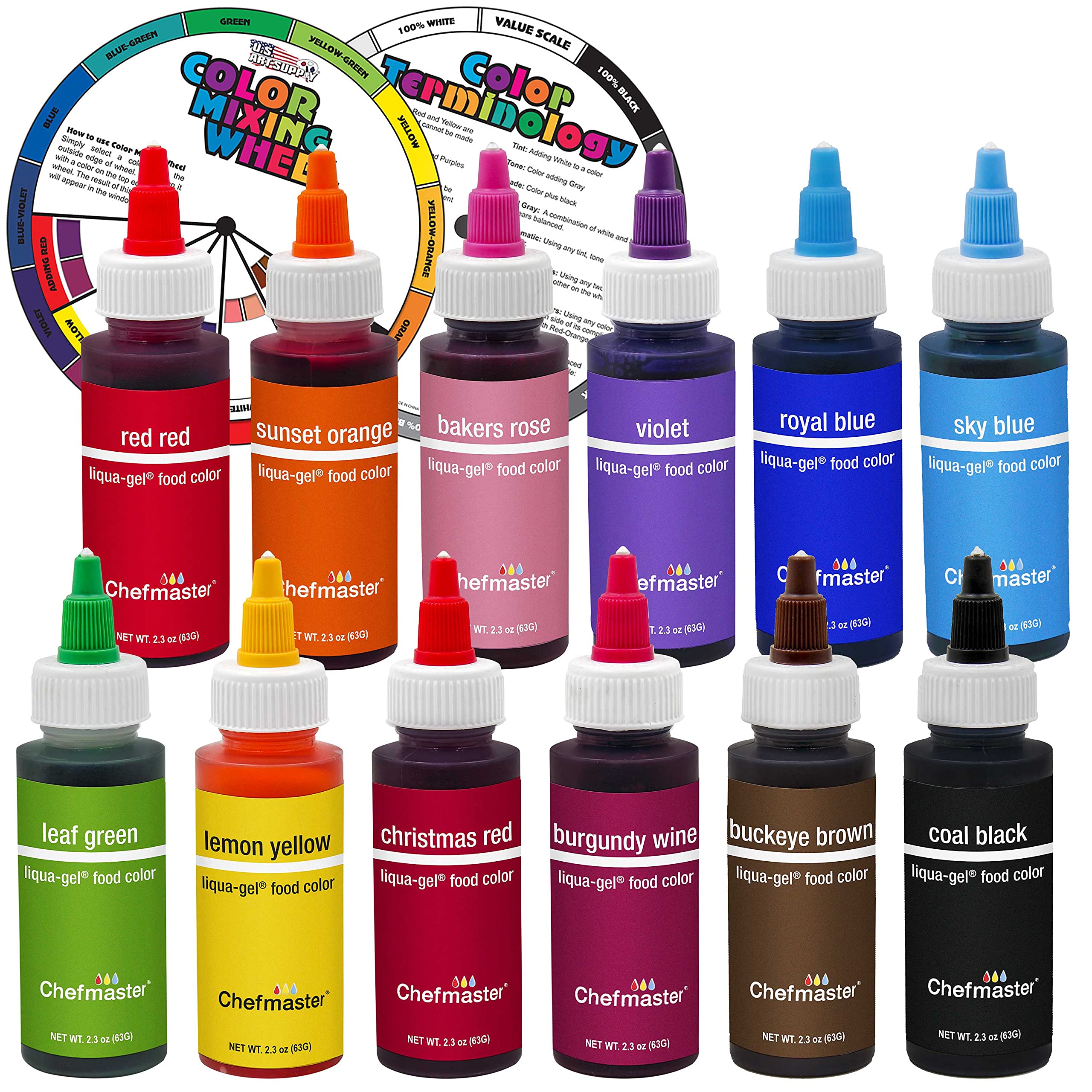 U.S. Cake Supply Liqua-Gel color pack for vibrant, easy-to-mix icing colors.