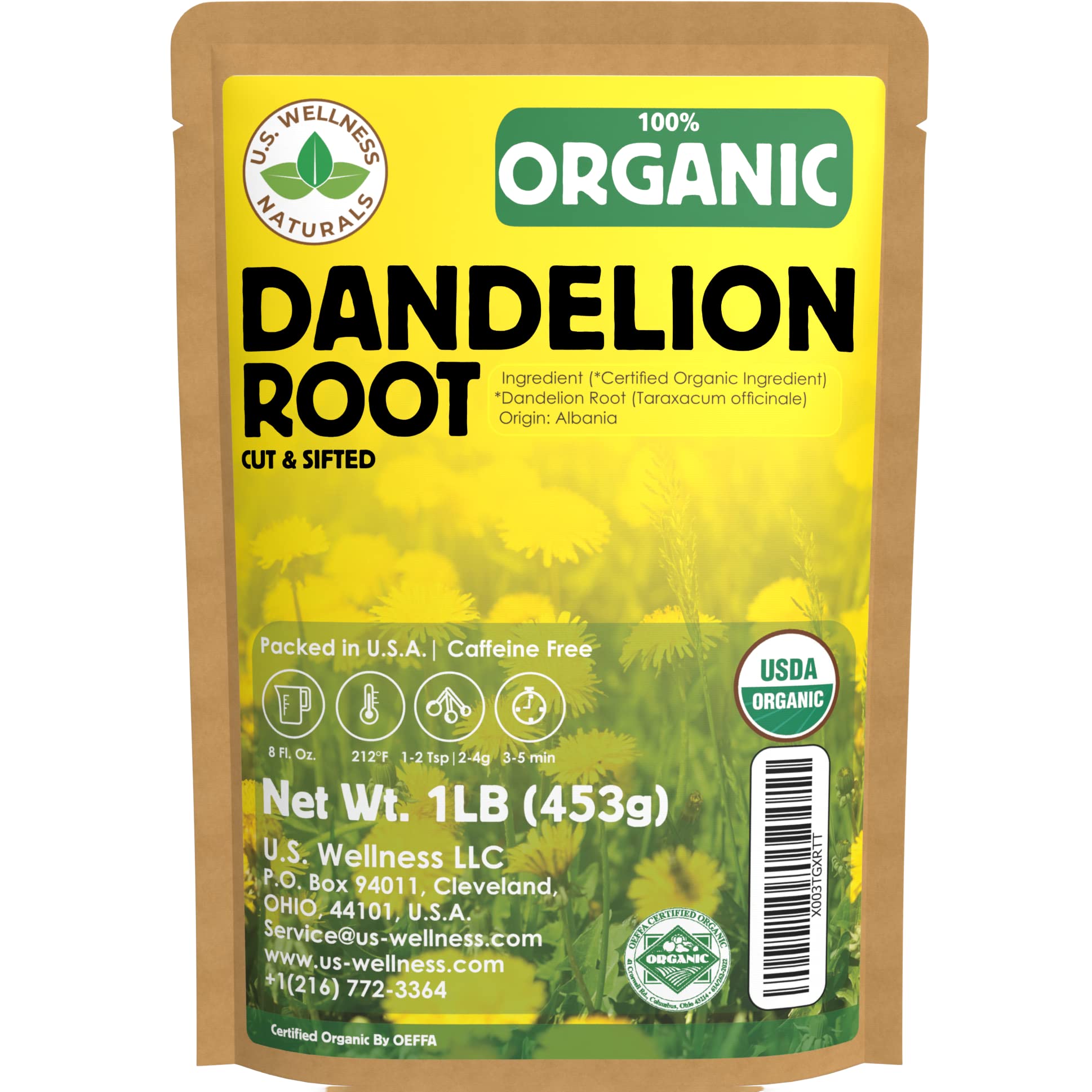 Us Wellness Naturals Dandelion Root Tea packaging showing resealable kraft bag for freshness