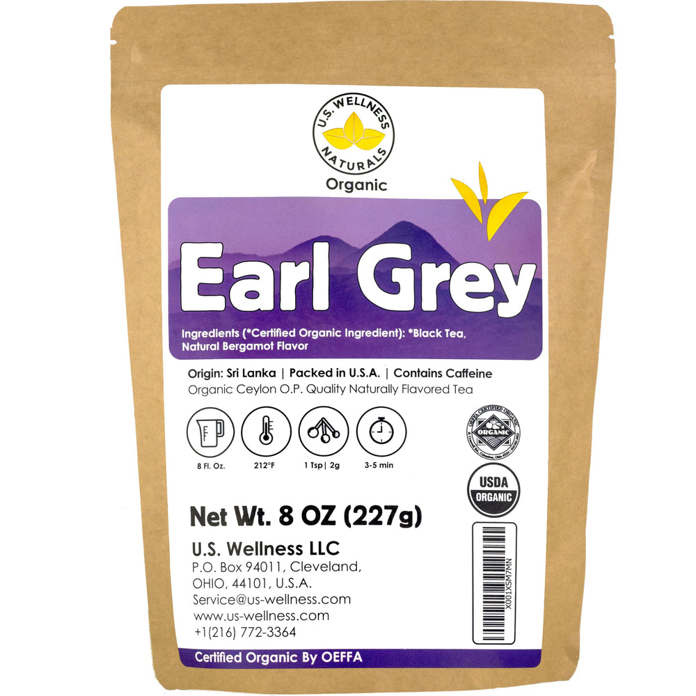 US Wellness Naturals Earl Grey tea packaging highlights organic ingredients and trusted quality.