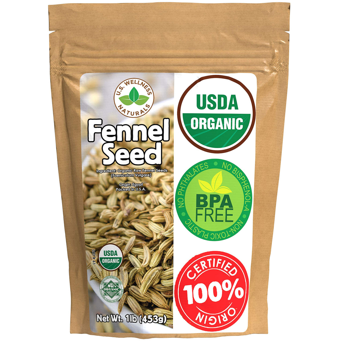 U.S. Wellness Naturals fennel seeds bulk bag ready for kitchen use.