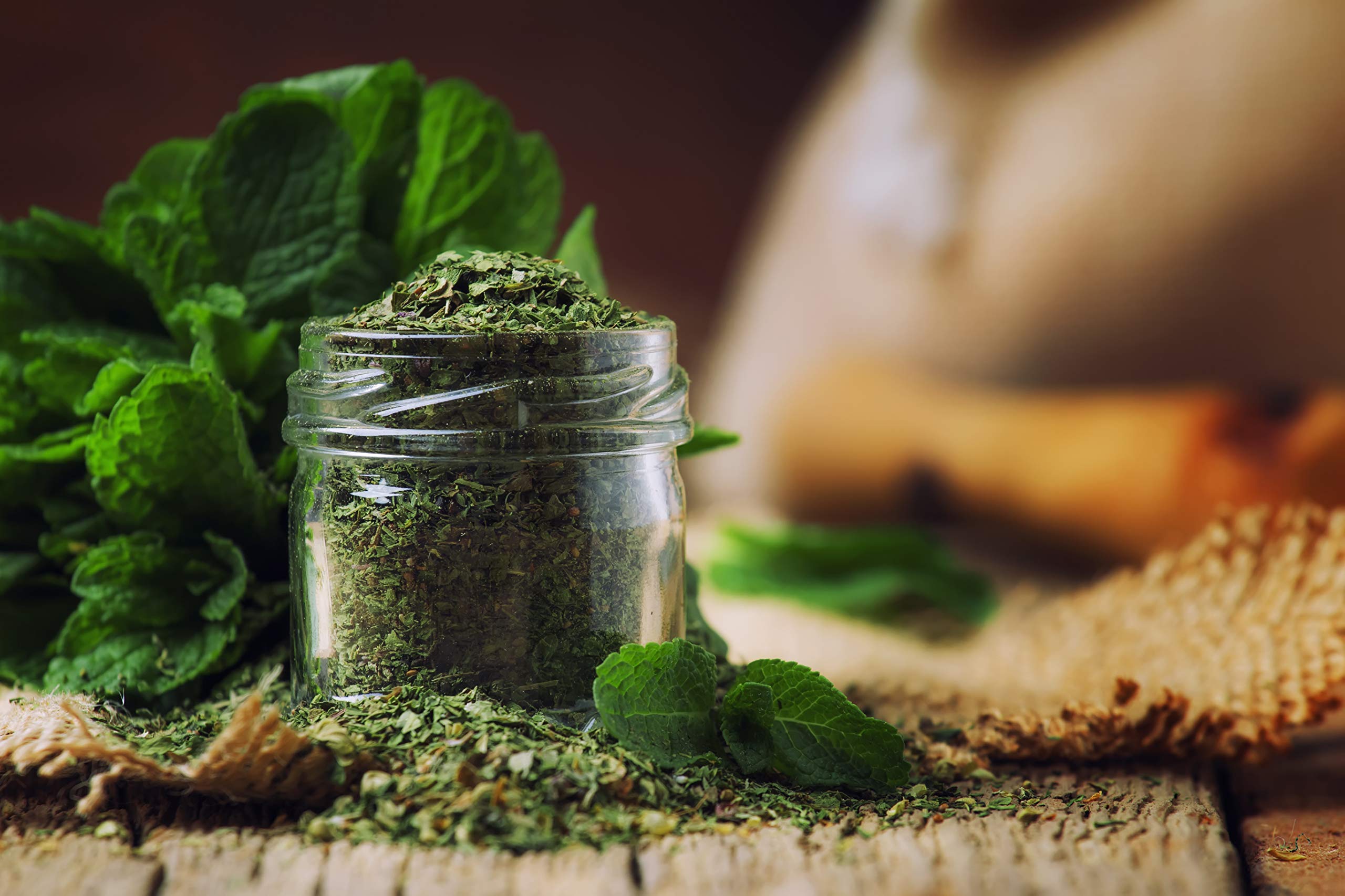 US Wellness Naturals peppermint tea leaves closeup, bright and aromatic
