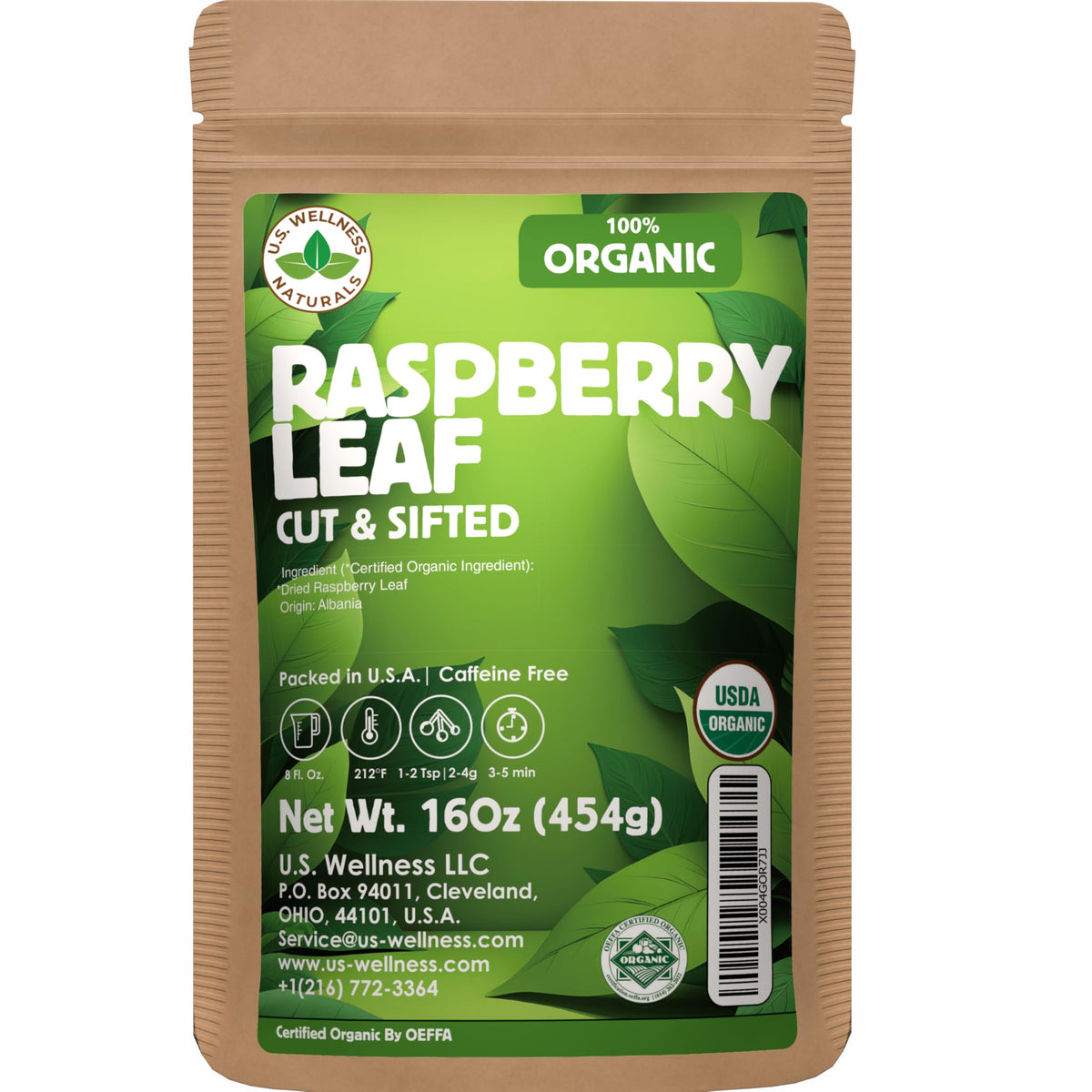 US Wellness Naturals Raspberry Leaf Tea loose-leaf pouch ready for daily brewing