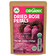 U.S. Wellness Naturals Organic Rose Petals for tea steeping, delivering a floral aroma.