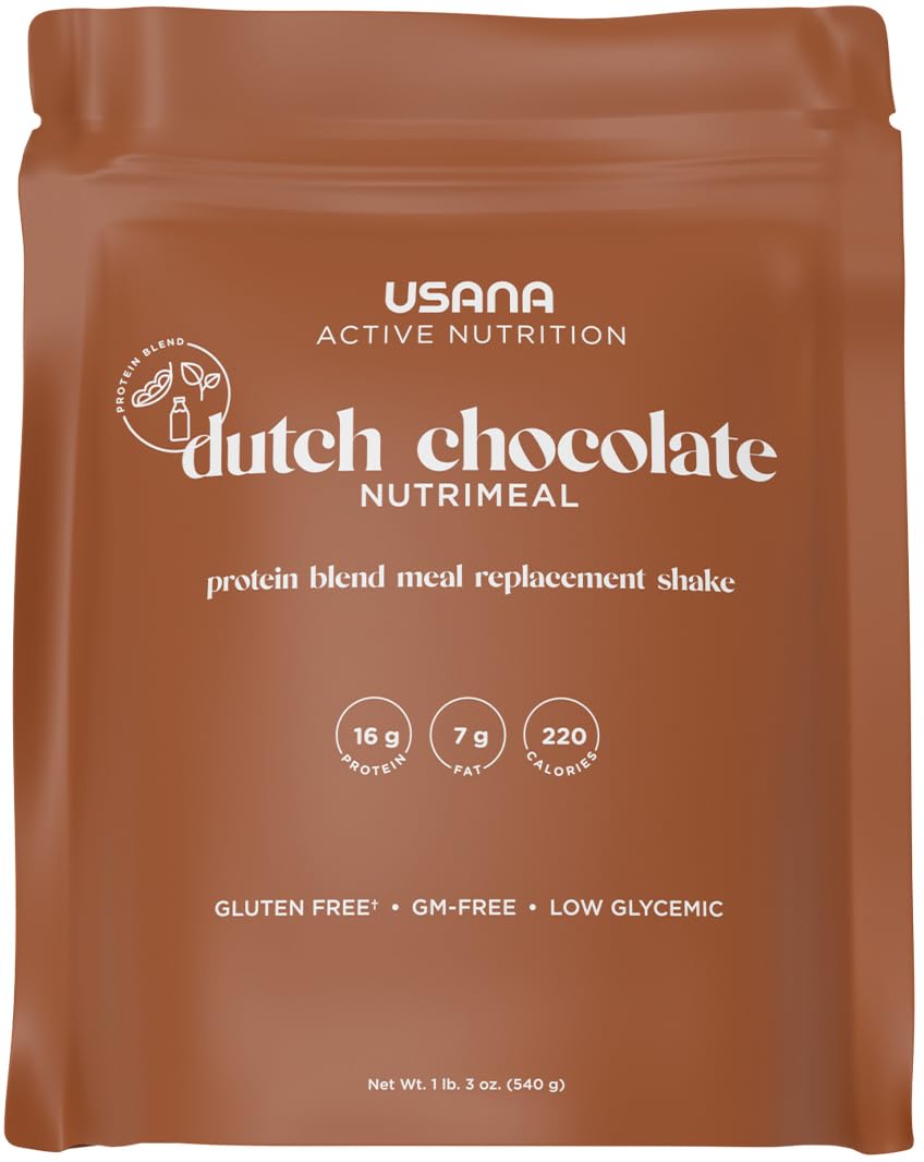 USANA Meal Replacement Shake Dutch Chocolate packaging highlights convenient nutrition for busy mornings.