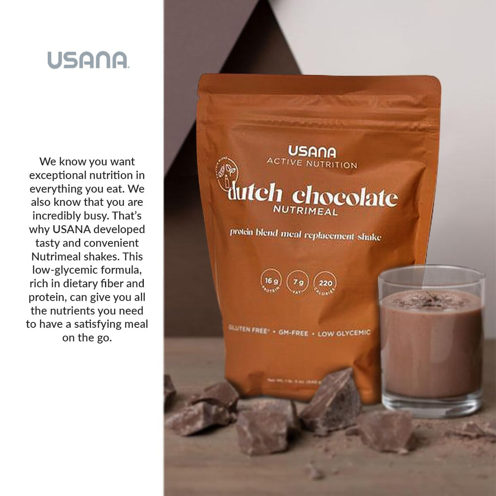 USANA Dutch Chocolate shake being stirred for a smooth texture.