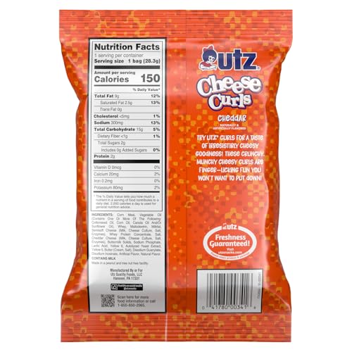 Utz Cheddar Cheese Curls 1 oz serving, perfect for lunchboxes.