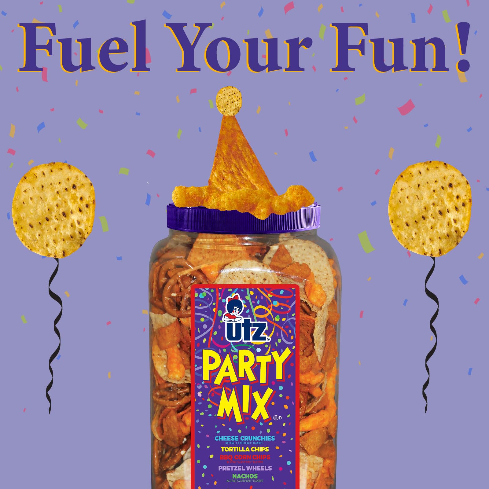 Utz Party Mix Barrel in kitchen storage for easy access