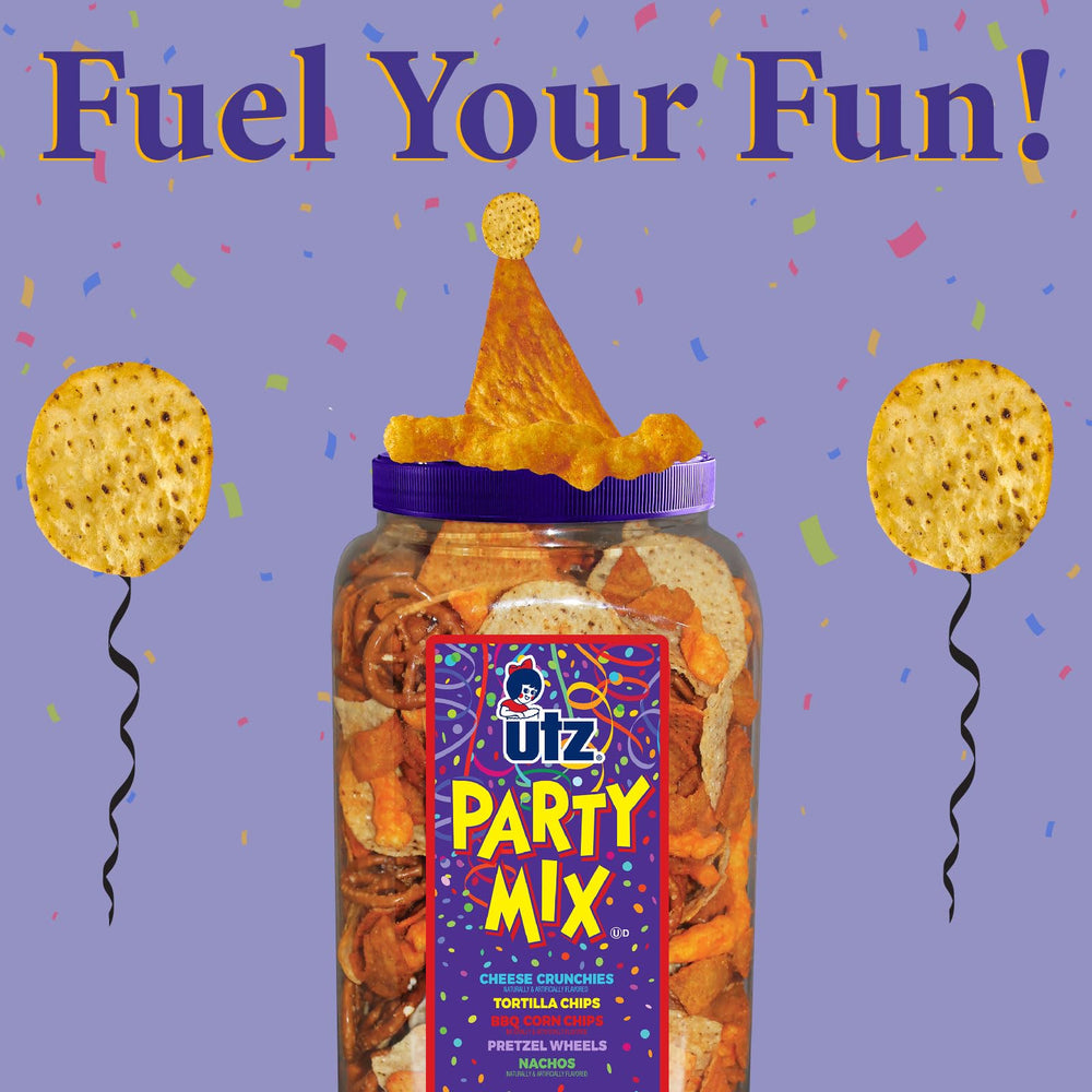 Utz Party Mix Barrel in kitchen storage for easy access