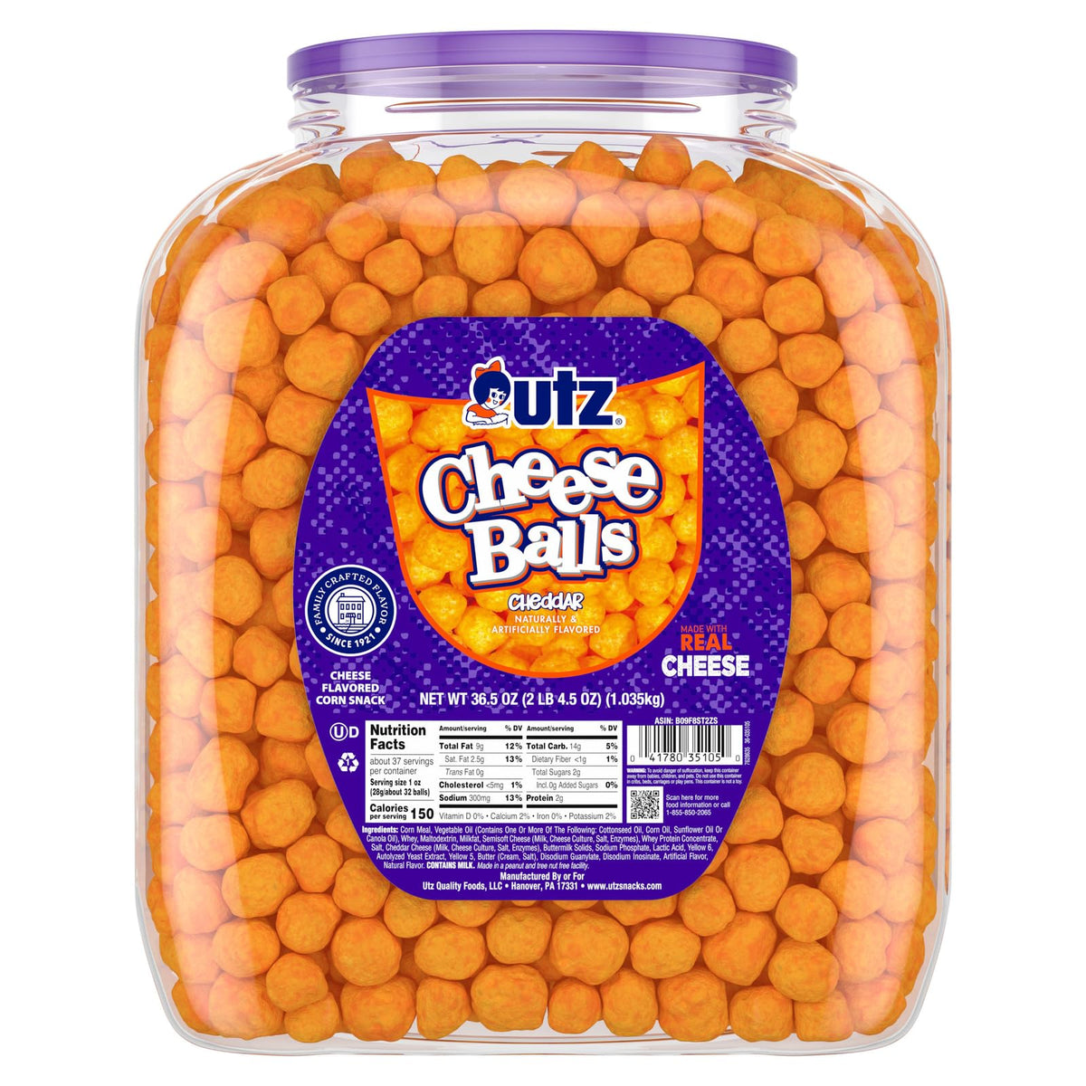 Utz Cheese Balls barrel front view, ideal for party display