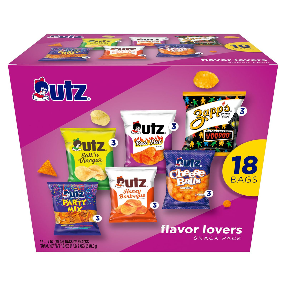Utz Flavor Lovers Mix 18-ct box front, ideal for family snacking and sharing.